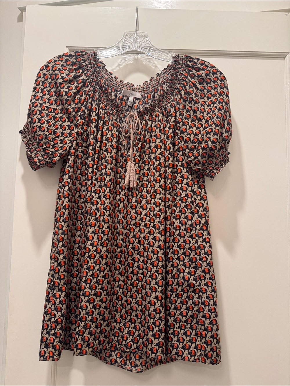 Joie Smocked Neck Silk Blouse With Elephants